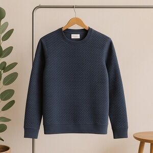 Navy Blue Textured Crewneck Sweater with Ribbed Details